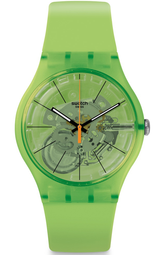 Swatch Kiwi Vibes SUOG118 – Αναλογικό Unisex Ρολόι με Διάφανη Πράσινη Κάσα και Σιλικόνη Λουράκι